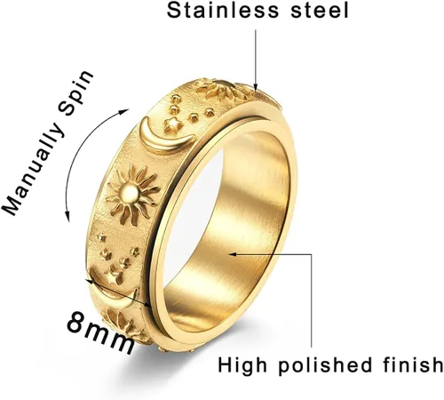 Vista 2 de Nanafast Anillo giratorio de acero inoxidable para aliviar la ansiedad y el estrés, anillo de compromiso de Horus, sol, luna, estrellas