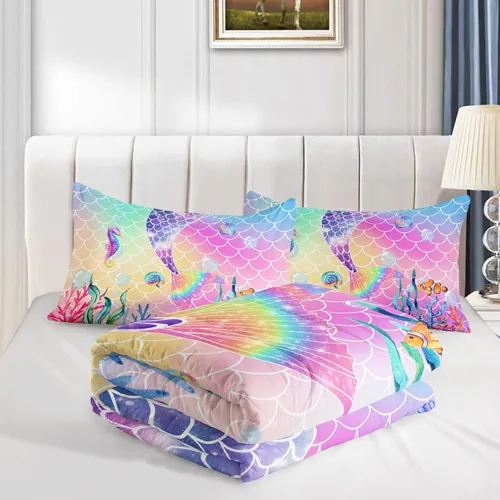 Vista 5 de Datura Home - Juego de edredón de cama con estampado de cola de sirena rosa arcoíris con 1 y 2 fundas de almohada para dormitorio de niñas durante