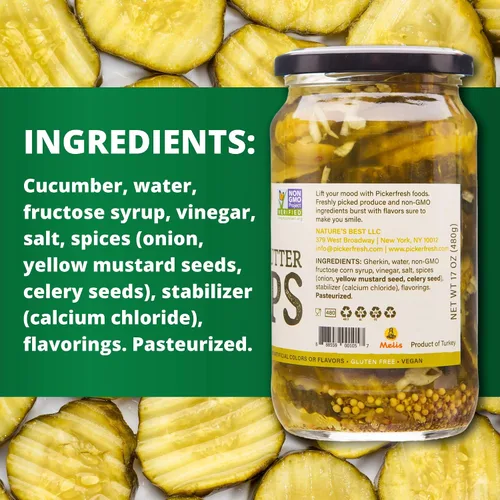 Vista 4 de Pickerfresh Encurtidos con chips de pan y mantequilla, pepinillos dulces estilo chip de corte arrugado, ingredientes simples, sin OMG, sin