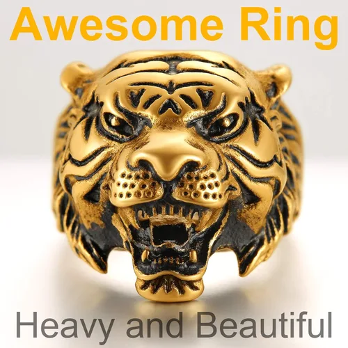 Vista 4 de ChainsPro - Impresionantes anillos de cabeza de tigre para hombre, espíritu animal, bonita mano de obra, tallas 7 a 14, de acero inoxidable 316L