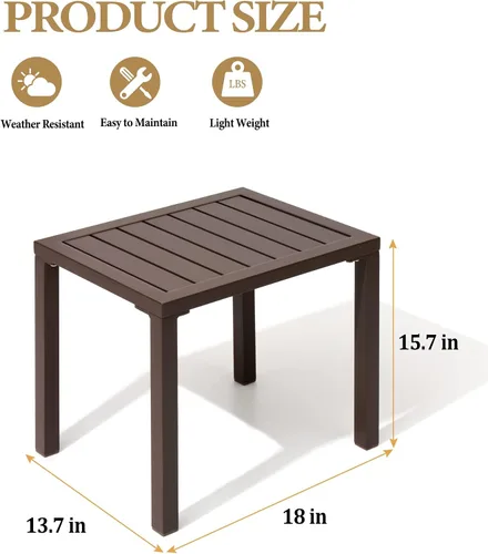 Vista 3 de Mesa auxiliar de aluminio al aire libre, mesa auxiliar pequeña para café, bistró, marrón Mesa auxiliar rectangular resistente a la intemperie