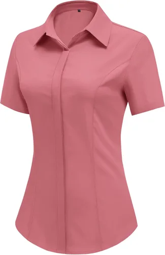 Vista 16 de HOTOUCH Camisas de manga corta con botones para mujer, blusa con cuello ajustado, blusa básica de verano para oficina, tallas S-2XL