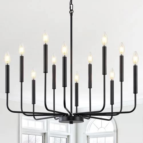 Vista 10 de Lámpara de araña negra, moderna lámpara de comedor de granja de 6 luces con cadena, accesorios de iluminación colgantes de metal, luces de comedor