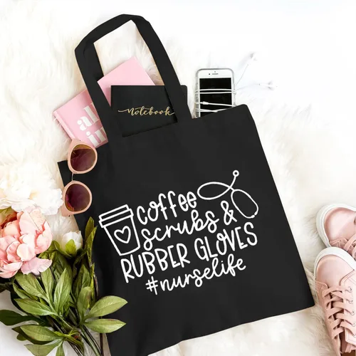Vista 3 de TSIIUO Exfoliantes de café y guantes de goma para mujer, bolsa de lona divertida para enfermera, bolsa de compras reutilizable Negro