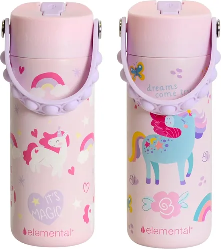 Vista 13 de Elemental Botella de agua aislada para niños, botella de agua de acero inoxidable con tapa de popote y asa Pop-it, botellas de agua a prueba
