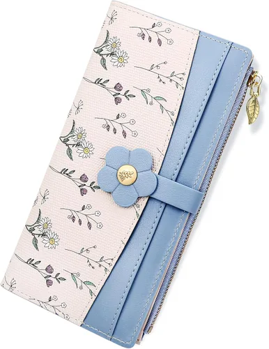 Vista 19 de Farcauo Billetera para mujer, billetera delgada para mujer, linda cartera delgada Kawaii con flores para mujer, tarjetero para mujer, Cartera