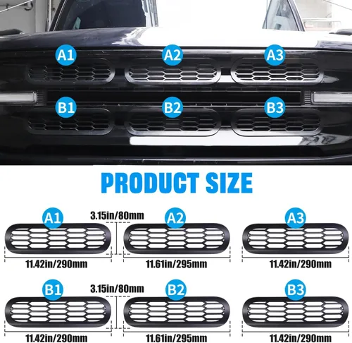 Vista 4 de Marco de cubierta de malla para parrilla delantera, insertos de parachoques delantero, accesorios de decoración con clip para Ford Bronco Offroad