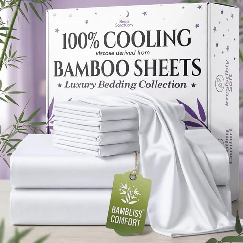 Vista 9 de SLEEP SANCTUARY - Juego de sábanas 100% viscosa derivada de bambú tamaño individual 4 piezas – Sábanas de lujo BamBliss de enfriamiento