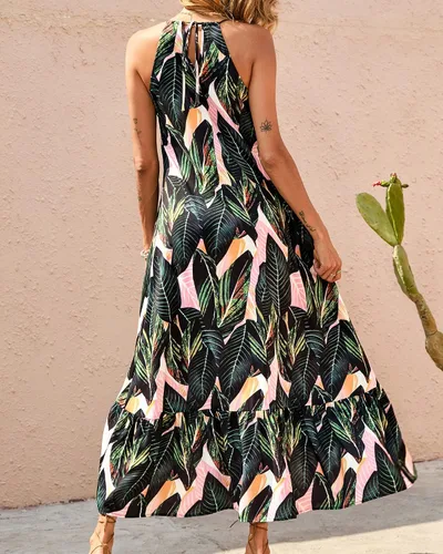 Vista 4 de BTFBM Vestidos casuales de verano para mujer, 2023, tirantes delgados, sin mangas, estampado con volantes, bohemio, vestido largo para playa