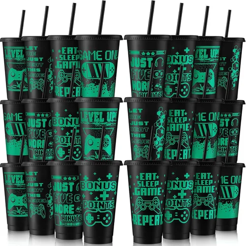 Vista 13 de Mifoci - 12 tazas para jugadores con tapas y pajillas, color negro
