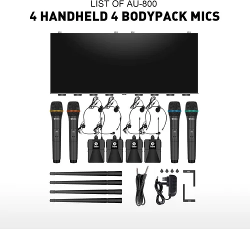 Vista 8 de D Debra Audio AU800 Pro UHF Sistema de micrófono inalámbrico de 8 canales con micrófonos de mano inalámbricos tipo lavalier con auriculares