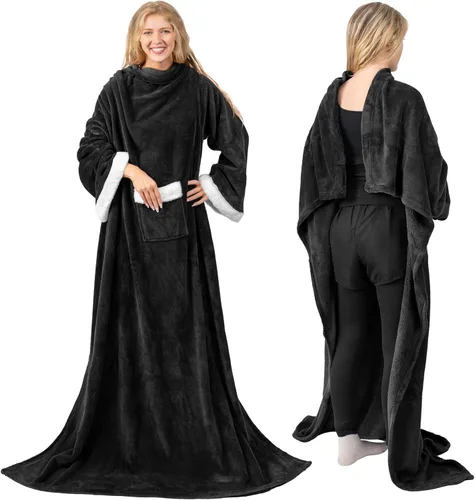 Vista 3 de PAVILIA Manta de forro de vellón con mangas para mujeres, hombres y adultos, manta portátil cálida y suave de felpa, acogedora manta con bolsillo