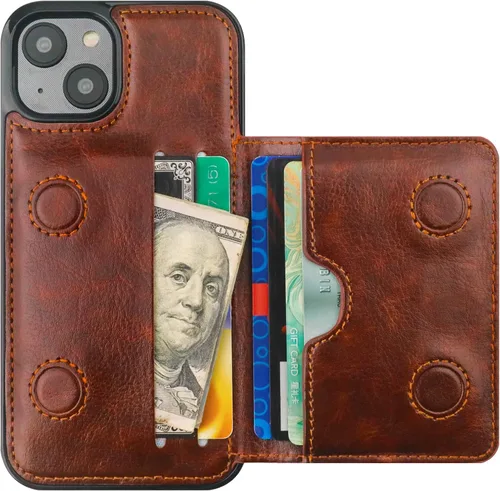 Vista 12 de KIHUWEY Funda compatible con iPhone 14, tarjetero de cuero de primera calidad, cierre magnético oculto, duradero, a prueba de golpes, para iPhone 14