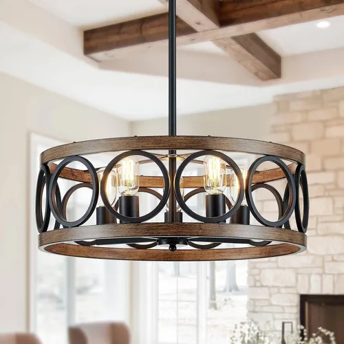 Vista 10 de XINGQI Candelabro de tambor de 21.7 pulgadas, lámpara de comedor de granja, iluminación de cocina de níquel cepillado de grano de madera, 5 luces