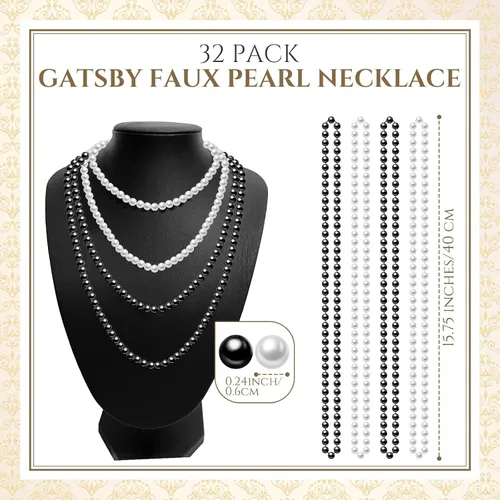 Vista 2 de Paquete de 32 collares largos de perlas de los años 20, joyería de disfraces, collar de perlas falsas de Gatsby a granel, collar de perlas