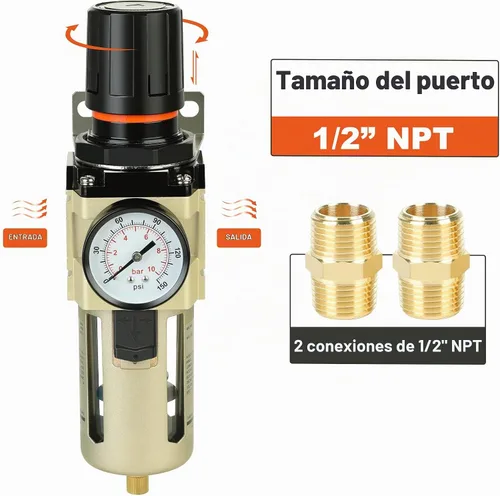Vista 6 de Hromee Combo de regulador de filtro comprimido de 1/2 pulgada, compresor de aire, separador de trampa de aceite de agua con manómetro, drenaje