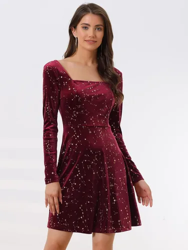 Vista 3 de Allegra K Minivestido de terciopelo vintage con cuello cuadrado y estrellas navideñas para mujer