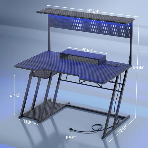 Vista 3 de Escritorio para computadora de juegos Armocity con estantes y tomas de corriente, escritorio de juegos con alacena y luces LED, escritorios