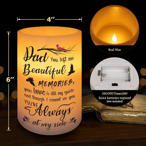 Vista 4 de Vela conmemorativa sin llama, luz LED de cera real con temporizador, regalo de condolencias por pérdida de padre, 6 x 4 pulgadas