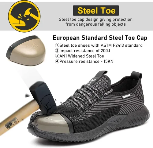 Vista 2 de Furuian Zapatos de punta de acero para hombre, cómodos, zapatos de seguridad antideslizantes, puntera de acero, zapatos de trabajo para hombre