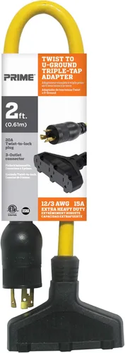 Vista 2 de Prime AD060802 - Adaptador de grifo triple giratorio a tierra en U, 2 pies, 12/3, color amarillo
