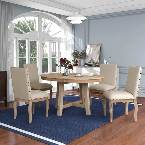 Vista 11 de Harper & Bright Designs Juego de mesa redonda de 5 piezas con estante, mesa de comedor familiar de madera