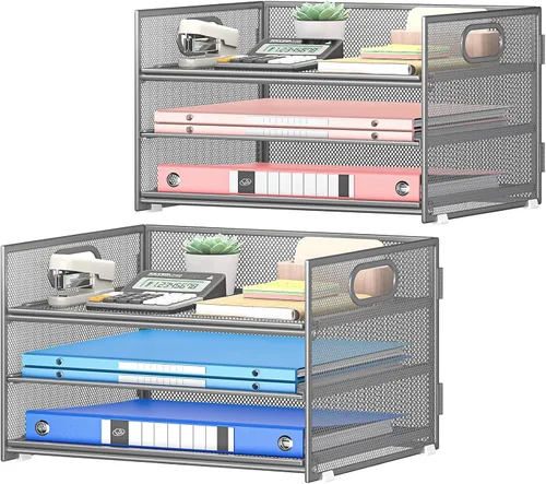 Vista 10 de SUBEKYU 2 paquetes de organizador de bandejas de cartas de 3 niveles para escritorio, organizador clasificador de archivos de malla metálica negra