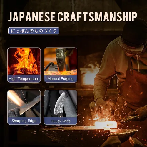 Vista 3 de Huusk Mini cuchillo japonés, pequeños cuchillos de carne con funda, cuchillos únicos de cavernícola, cuchillo vikingo de chef forjado a mano