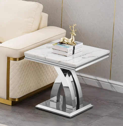 Vista 26 de SSLine Mesa de Centro Rectangular de Mármol Sintético para Sala de Estar, Mesa Central Moderna de Mármol Blanco de Lujo con Base Doble en Forma de U