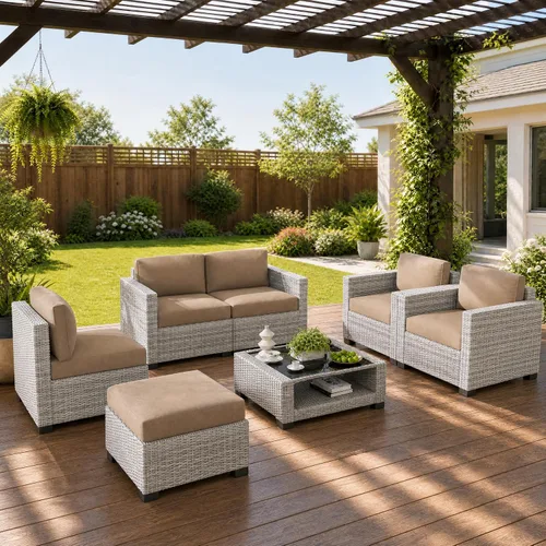 Vista 16 de Juego de 7 muebles de patio al aire libre, sofá seccional al aire libre, muebles de mimbre para patio, juego de conversación de patio con mesa