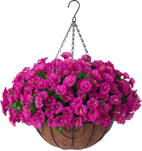 Vista 7 de Homsunny Plantas artificiales colgantes con cesta para exteriores, petunias falsas, de seda, para exteriores, porche, patio, balcón, jardín