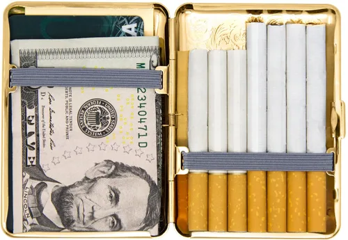 Vista 5 de Juego de 2 cajas de cigarrillos compactas chapadas en metal tamaño King con bandas elásticas (pergamino victoriano dorado)