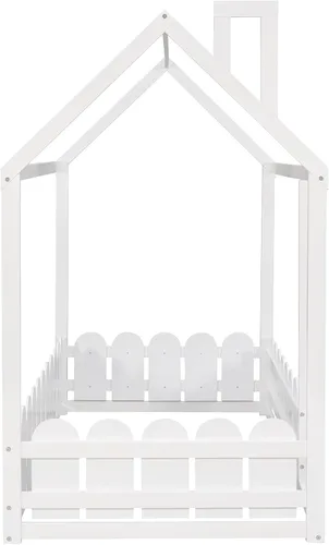 Vista 7 de Harper & Bright Designs Camas de casa para niños, cama de piso individual con valla de madera, marco de cama de cabaña que se puede decorar