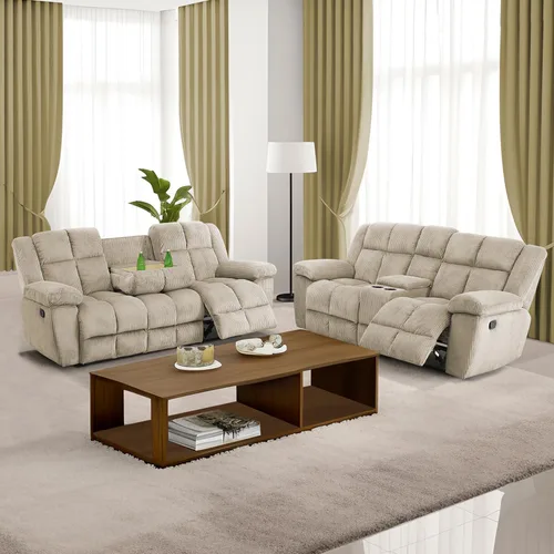 Vista 20 de Juego de sofá reclinable para muebles de sala de estar, juego de sofá y silla reclinable de pana verde, tela manual, sofá reclinable de 3 plazas