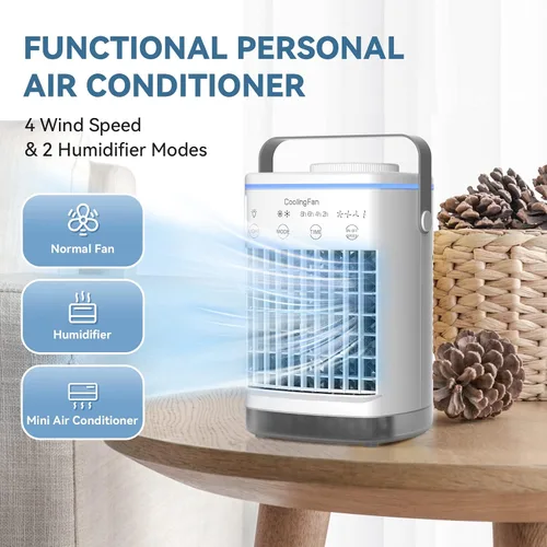 Vista 2 de Aire acondicionado portátil, enfriador de aire evaporativo personal con 4 velocidades de viento y luz LED, relleno superior de 23.7 fl oz, mini aire