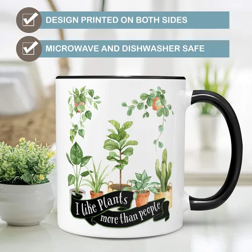 Vista 3 de Taza de café de cerámica con texto en inglés "I Like Plants More Than People", de 11 o 15 onzas