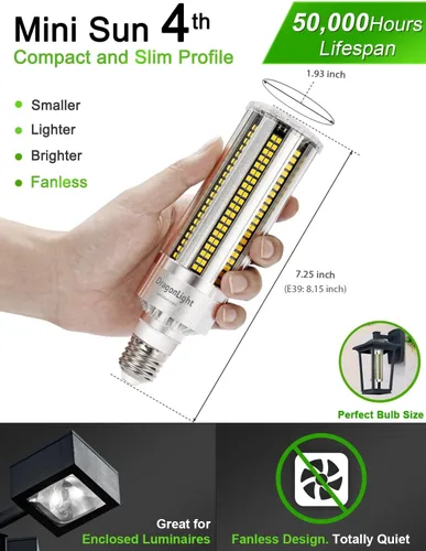 Vista 3 de DragonLight Bombilla LED de maíz mejorada de 60 W sin ventilador (reemplazo de 200 vatios MH/HPS) E26/E39 lámpara LED de base de Mogul grande 6000K
