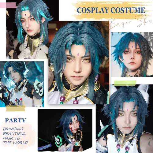 Vista 6 de HAIRCUBE Genshin Impact Xiao - Peluca de cosplay para hombre peluca de cosplay con degradado azul peluca de cosplay esponjosa para juego Xiao peluca