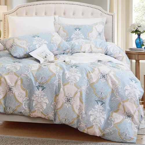 Vista 29 de Juego de edredón floral azul tamaño Queen, juego de ropa de cama botánica azul 100% algodón, edredón suave transpirable de 3 piezas y 2 fundas