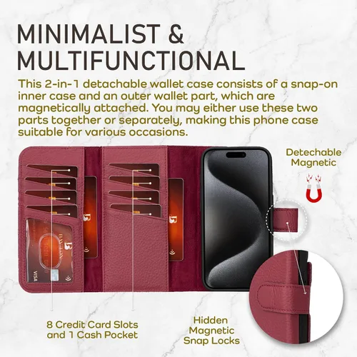 Vista 3 de Bayelon Estuche tipo billetera para iPhone 15 Pro, cartera de cuero desplegable de tres pliegues, cubierta tipo folio magnética desmontable, soporte