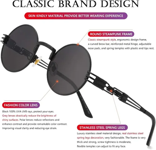 Vista 6 de AIEYEZO Gafas de sol redondas steampunk Circle Lennon Hippie, marco de metal, lente de bloqueo UV 100%