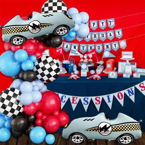 Vista 3 de 2 globos grandes para autos de carreras, globos de carreras de 43 pulgadas color azul azulado para decoración de fiesta de autos de carreras