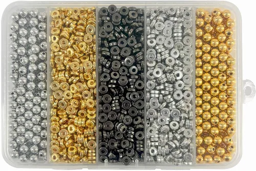 Vista 8 de 6 mm de cuentas espaciadoras planas redondas, 1480 piezas (280 redondas) - Oro, Plata, Negro - Plástico recubierto de cobre - Kit de fabricación