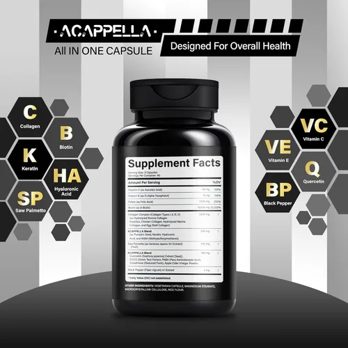 Vista 2 de ACAPPELLA Queratina Saw Palmetto con cápsulas de ácido hialurónico DHT Blocker Vitaminas Ácido Fólico Suplementos de colágeno para mujeres y hombres