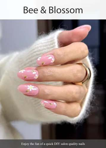 Vista 2 de AutyaMee Tiras de uñas de gel semicuradas (abeja y flor), 20 unidades de envolturas de uñas de gel, calcomanías, rosa nude, calidad de salón