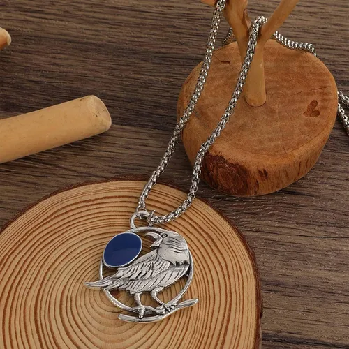 Vista 6 de Zeshimb Collar de pájaro con piedras preciosas de plata, cadena de cuervo, collar con colgante de cuervo de cristal azul, collar de clavícula