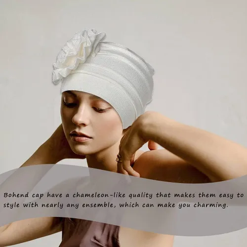 Vista 7 de Bohend Diadema con diseño de flores para mujer, gorro elástico preatado, bufanda preatada, gorro para la cabeza