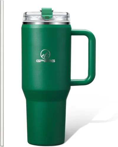 Vista 9 de Gpeng 30/40/50 oz Vaso con asa, botellas de agua con tapa de popote, taza de viaje de acero inoxidable aislada compatible con portavasos, mantiene