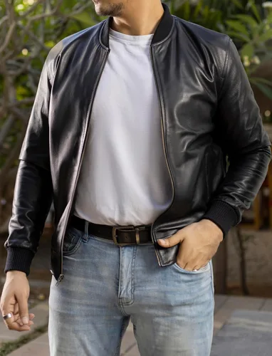 Vista 3 de Jild Varsity Style Leather Bomber Jacket Men - Chaqueta de cuero de gamuza real de moda casual MA-1 para hombre