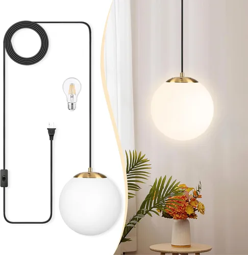 Vista 18 de KoKo&Yukina Luces colgantes modernas de globo de vidrio dorado de 6 pulgadas, paquete de 2 lámparas colgantes de vidrio transparente de mediados